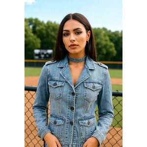 Y2k STAR Light Wash Denim Jacket Women's Button Front Military‎ Style Jean Coat